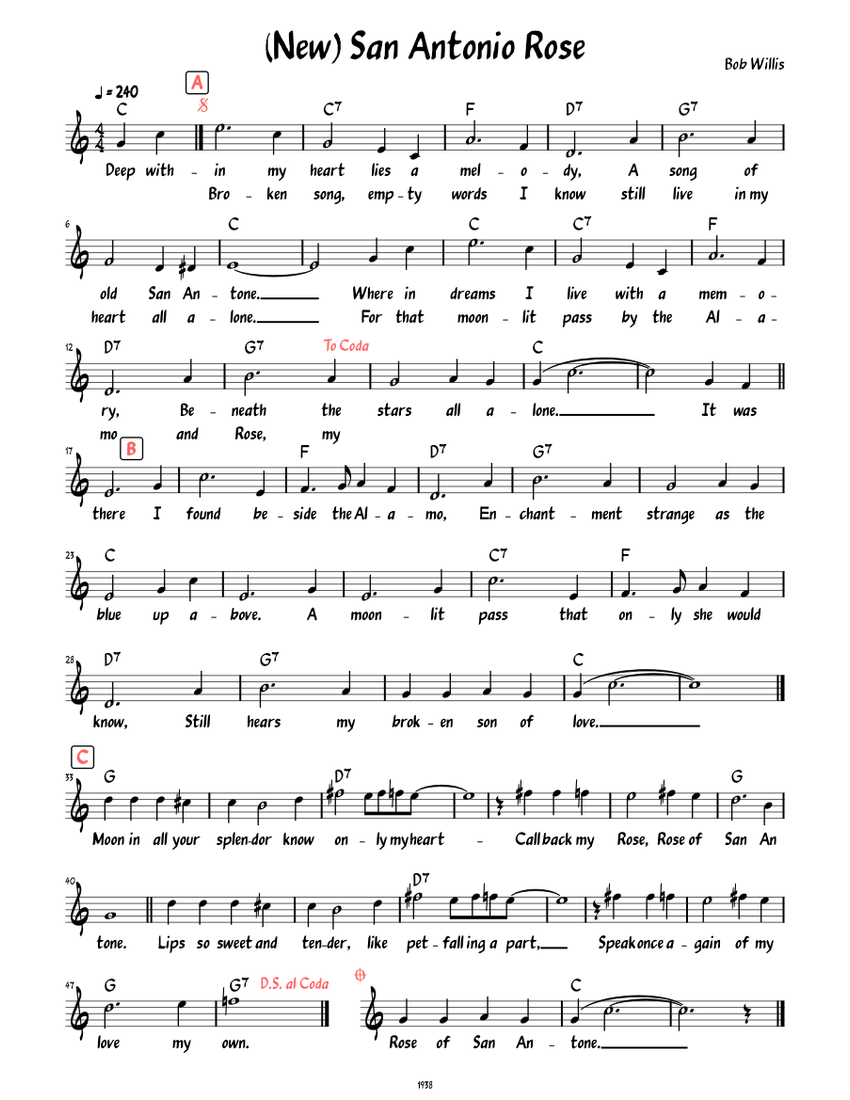 (New) San Antonio Rose (lead sheet with lyrics) Sheet music for Piano
