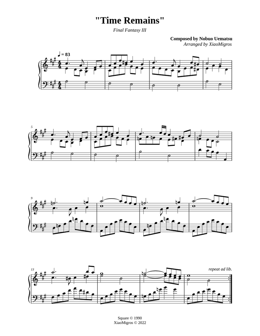 Time Remains - Final Fantasy III Sheet Music for Piano (Solo
