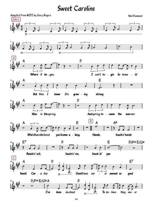 Sweet Caroline (Lead sheet and lyrics )