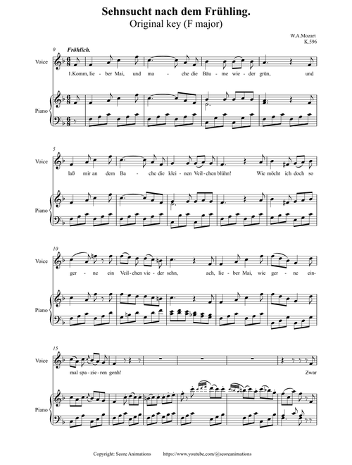MOZART: “Sehnsucht nach dem Frühling“ K.596 Original key F major (Arr. Score Animations) (Piano Vocal)