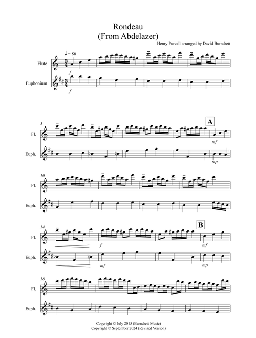Rondeau (from Abdelazer) for Flute and Euphonium Duet (Arr. David Burndrett) - Henry Purcell (Instrumental Duet)