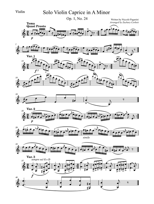 Solo Violin Caprice No. 24 in A Minor (Arr. Zachary Corbett) - Niccolo Paganini (Violin Solo)