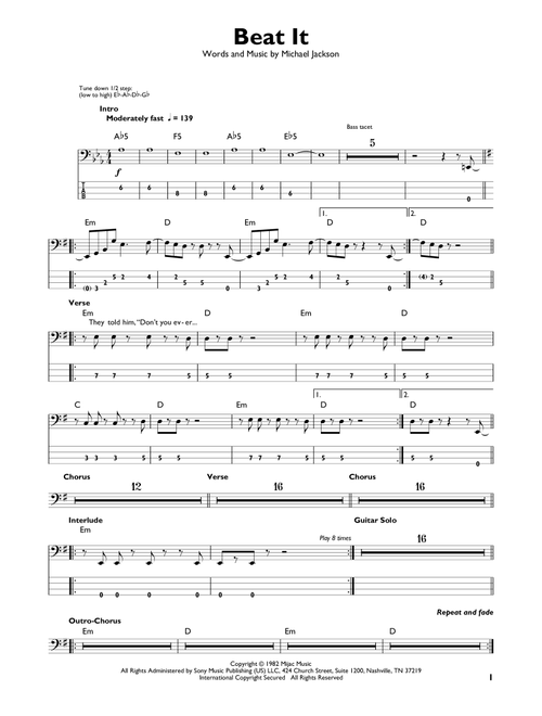 Beat It - Michael Jackson (Easy Bass Tab)