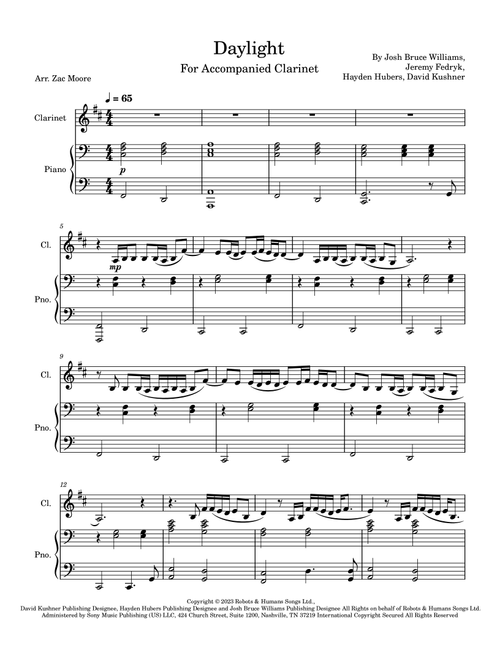 Daylight (Arr. Zac Moore) - David Kushner (Clarinet and Piano)