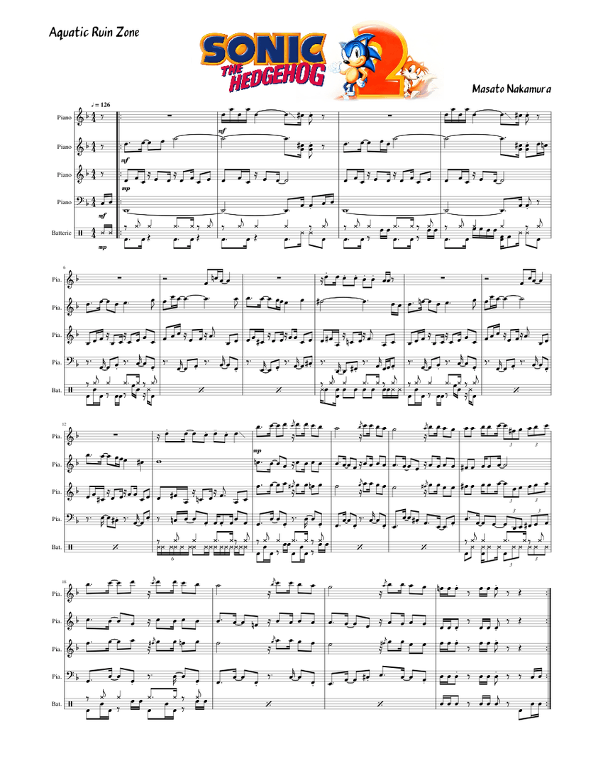 Sonic 2 Aquatic Ruin Zone Sheet music for Piano, Drum group (Mixed
