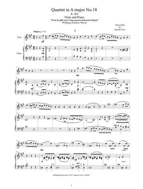 Mozart â Quartet no.18 in A major K464 for Flute and Piano - Score and Part (Arr. Santino Cara) - Mozart Wolfgang Amadeus (Flute and Piano)