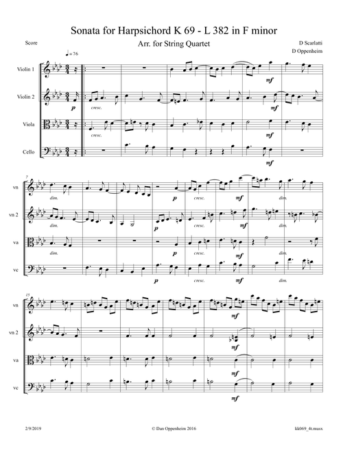 Scarlatti, D: Sonata in F minor K 69 - L382 arranged for String Quartet (Arr. D Oppenheim) - D Scarlatti (String Quartet)