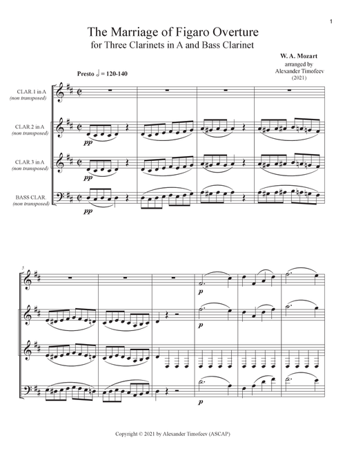 The Marriage of Figaro Overture, for Three Clarinets in A and Bass Clarinet (Arr. Alexander Timofeev) - Wolfgang Amadeus Mozart (Small Ensemble)