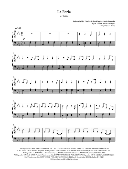 La Perla (Arr. Cid Araujo) - Rosalía with Yahritza y su Esencia (Easy Piano)