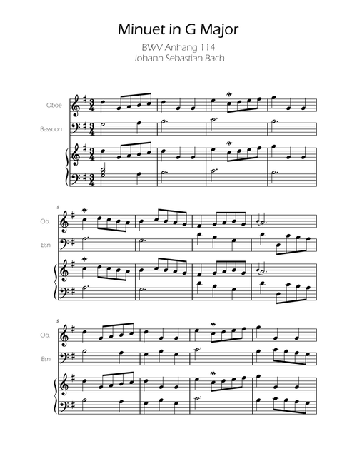 Minuet in G major BWV Anh. 114 - Bach - Oboe and Basson w/ Piano (Arr. Ygor Nunes) - Johann Sebastian Bach (Instrumental Duet and Piano)
