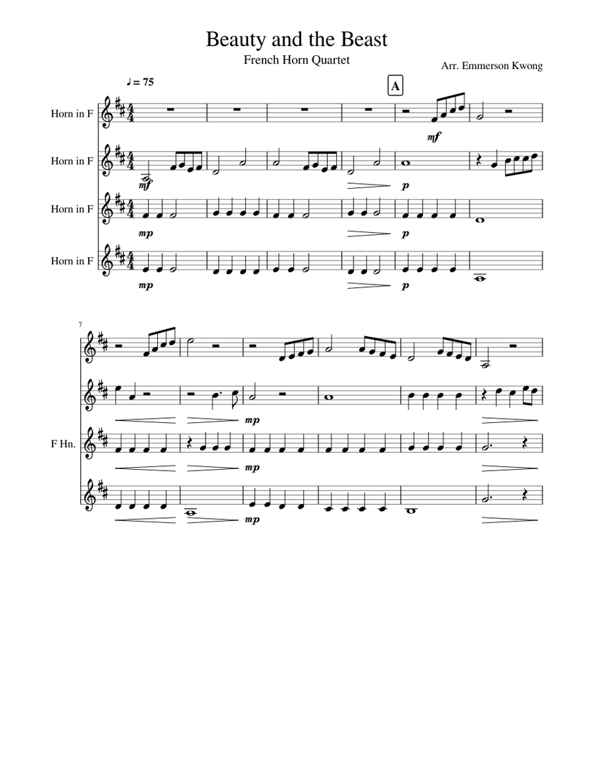 Beauty and the Beast - French Horn Quartet Sheet Music for French
