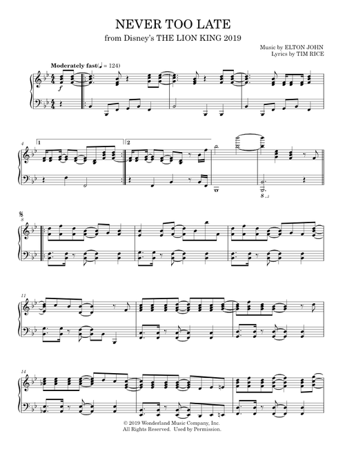 Never too late - Elton John (Piano Solo)