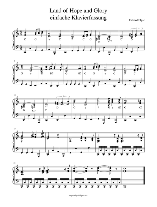 Land of Hope and Glory einfache Klavierfassung