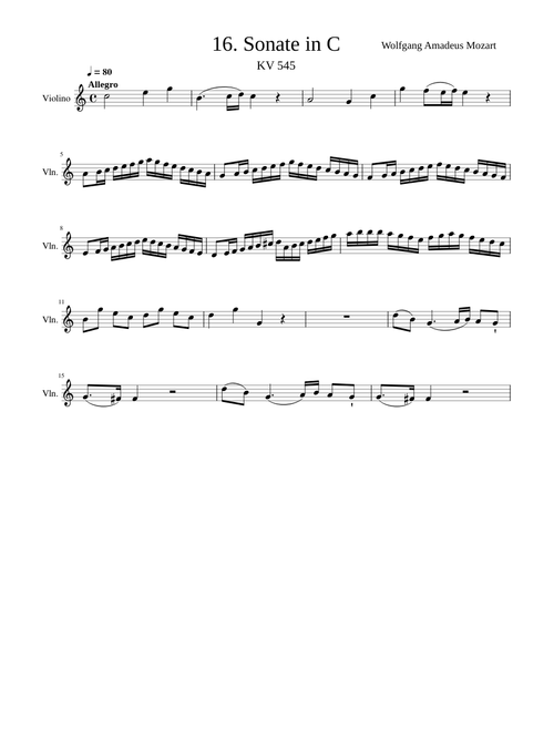 Piano Sonata No.16 in C major, K.545 Mozart (Channel Violin Tab Brazil - Youtube)