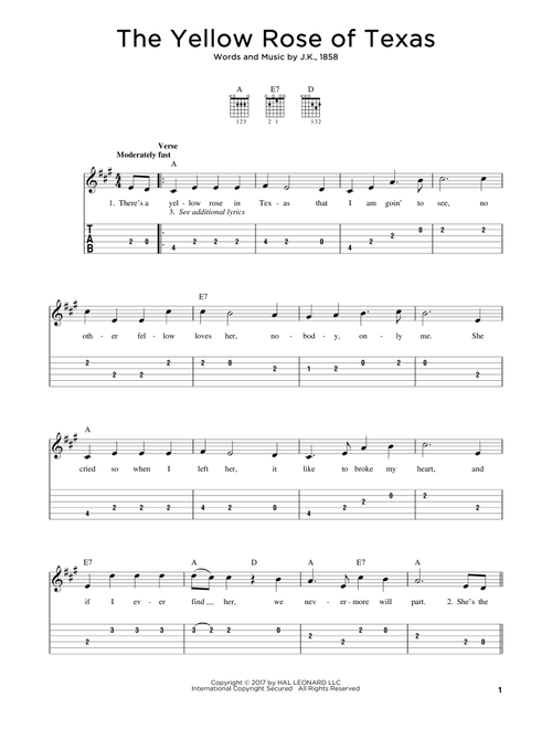 The Yellow Rose Of Texas - JK 1858 (Easy Guitar with TAB)