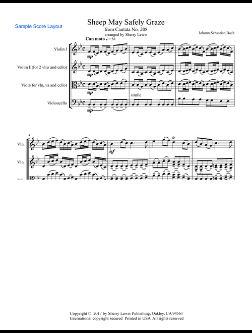 SHEEP MAY SAFELY GRAZE String Trio, Intermediate Level for 2 violins and cello or violin, viola and (Arr. Sherry Lewis Publishing) - J.S. Bach (String Ensemble)