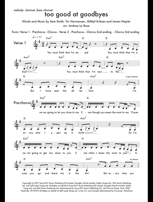 Too Good At Goodbyes (Arr. Andrea La Rose) - Sam Smith (Clarinet Solo)