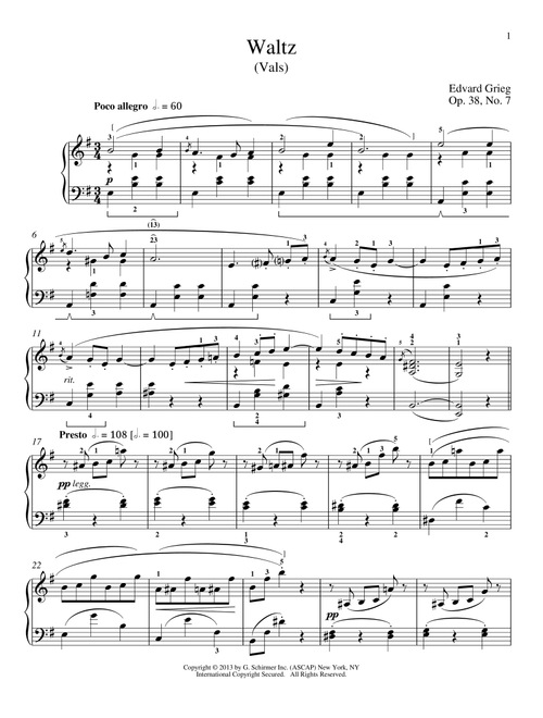 Waltz (Vals), Op. 38, No. 7 (Ed. William Westney) - Edvard Grieg, Edward Grieg (Piano Solo)