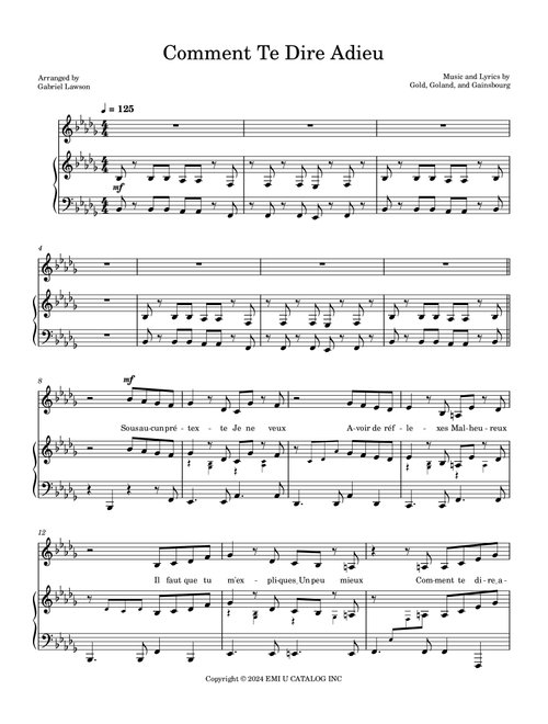 Comment Te Dire Adieu (Arr. Gabriel Lawson) - Francoise Hardy (Piano Vocal)