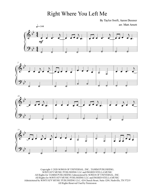 Right Where You Left Me (Arr. Matt Arnett) - Taylor Swift (Easy Piano)