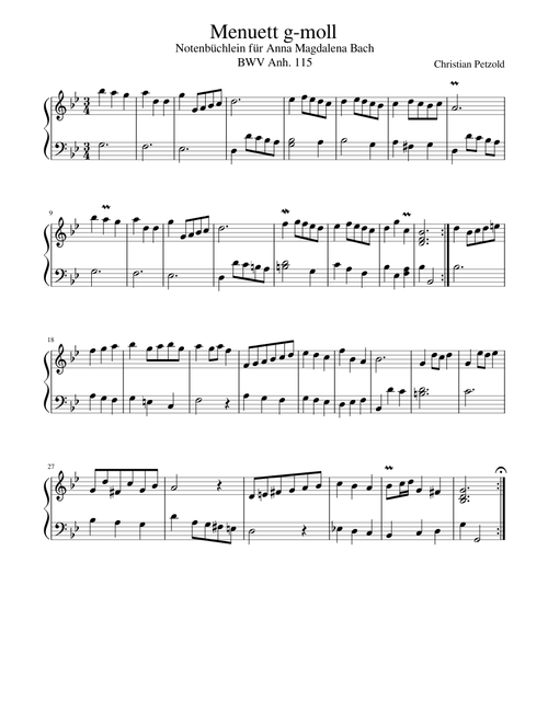 Christian Petzold - Menuett g-moll - Notenbüchlein für Anna Magdalena Bach - BWV Anh. 115