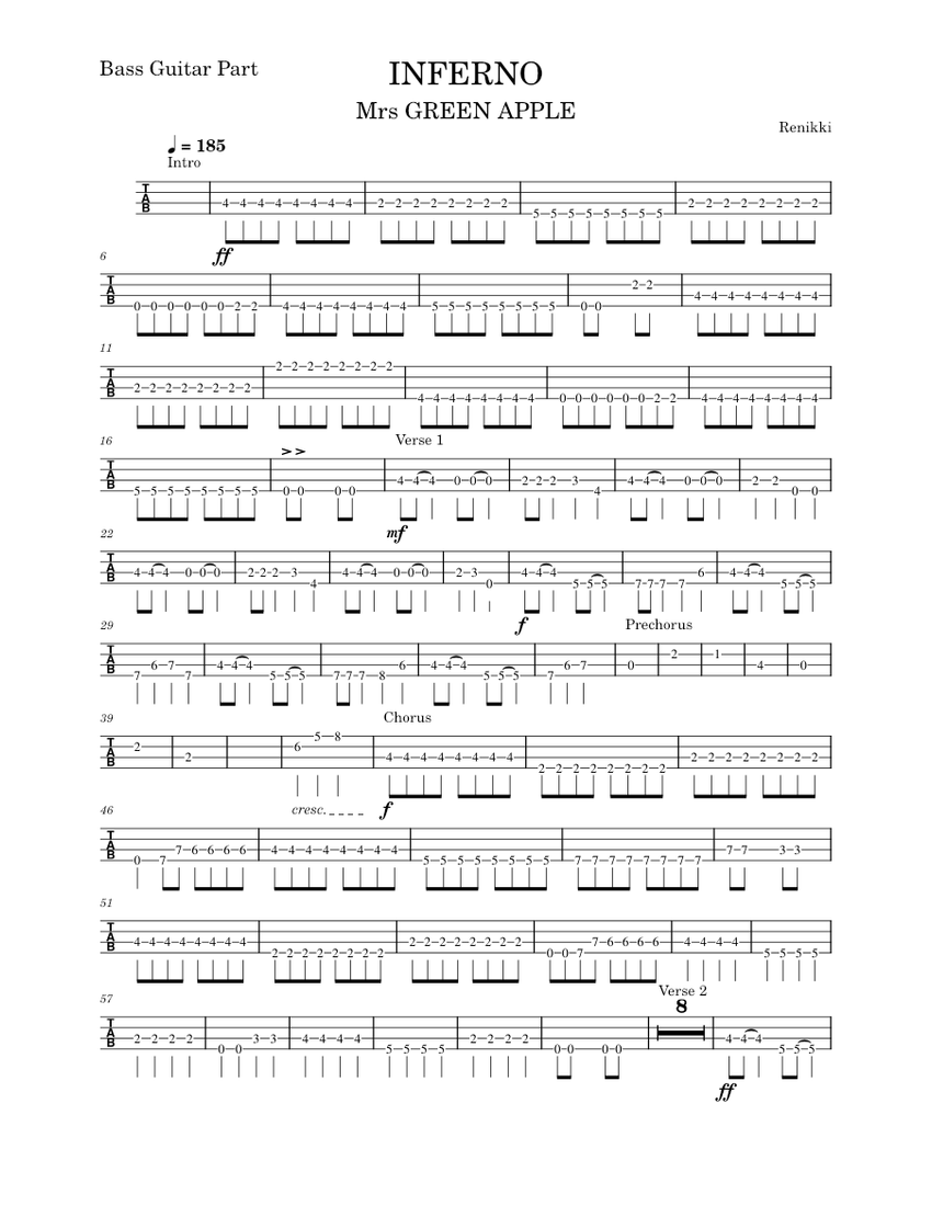Inferno – Mrs Green Apple Bass Guitar Part Sheet Music for
