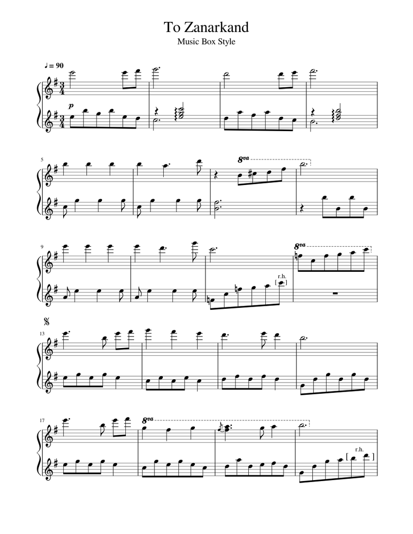 To Zanarkand (Music Box Version) Sheet music for Piano (Solo