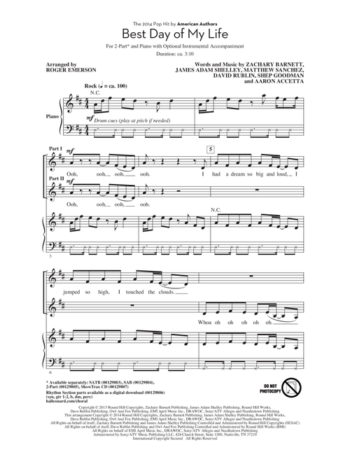 Best Day Of My Life (Arr. Roger Emerson) - American Authors, Aaron Accetta, David Rublin (Choral, 2-Part)