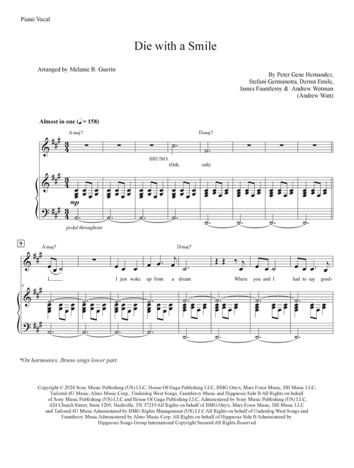 Die With A Smile (Arr. Melanie B Guerin) - Bruno Mars And Lady Gaga (Piano Vocal)