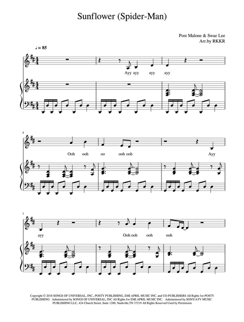 Sunflower (Arr. RKKR) - Post Malone & Swae Lee (Piano Vocal)
