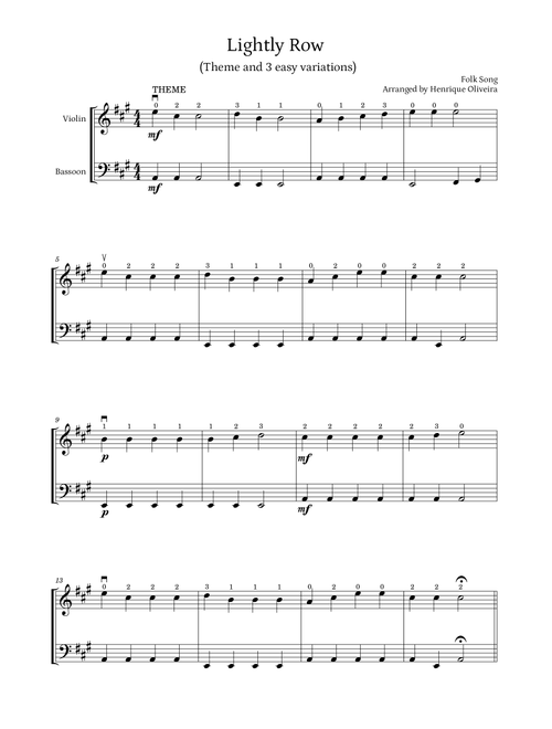 Lightly Row (Theme with 3 Easy Variations) - For Violin and Bassoon (Arr. Henrique Oliveira) - Folk Song (Instrumental Duet)