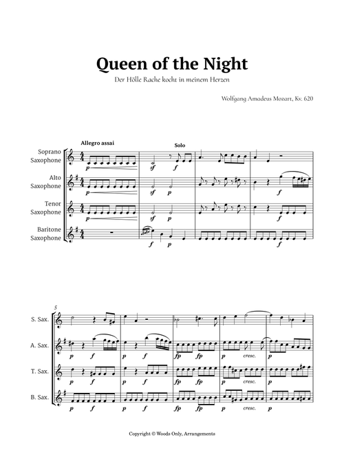 Queen of the Night Aria by Mozart for Saxophone Quartet (Arr. Ander) (Woodwind Ensemble)