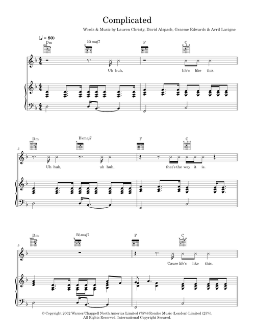 Complicated - Avril Lavigne (Piano-Vocal-Guitar (Piano Accompaniment))