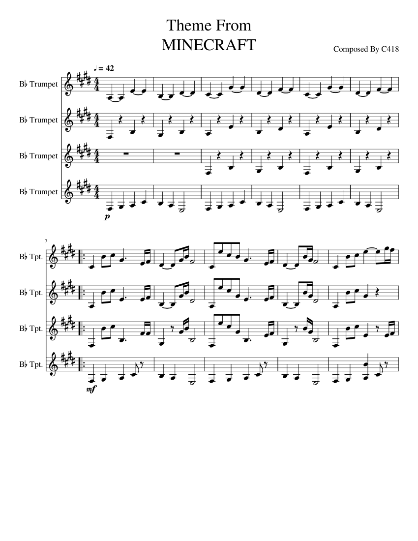 ozono banda Ocultación Theme From MINECRAFT Sheet music for Trumpet in b-flat (Brass Quartet) |  Musescore.com