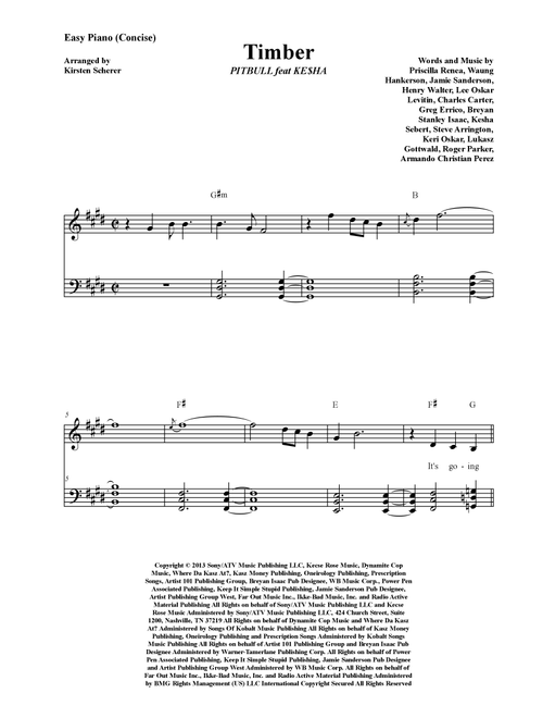 Timber (Arr. Kirsten Scherer) - Pitbull Featuring Ke$Ha (Easy Piano)