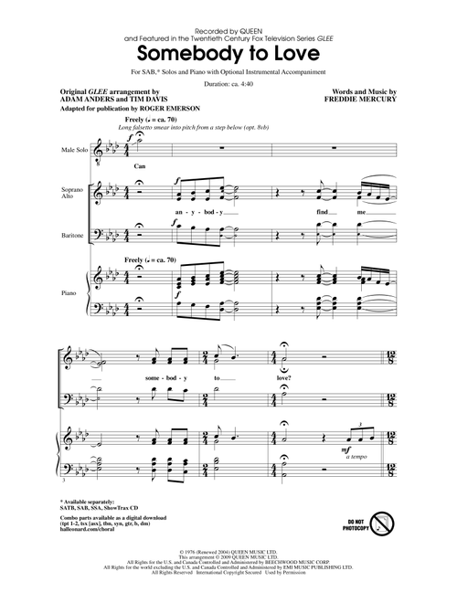 Somebody To Love (arr. Roger Emerson) (Arr. Tim Davis) - Glee Cast, Queen, Glee (TV Series) (Choral, SAB)