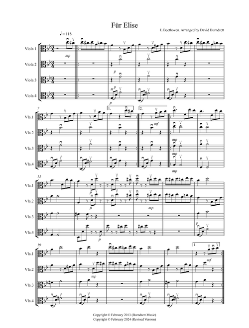 Fur Elise for Viola Quartet (Arr. David Burndrett) - Ludwig van Beethoven (Small Ensemble)