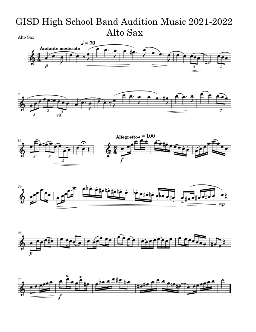 GISD High School Band Audition Music 20212022 Alto Sax Sheet music