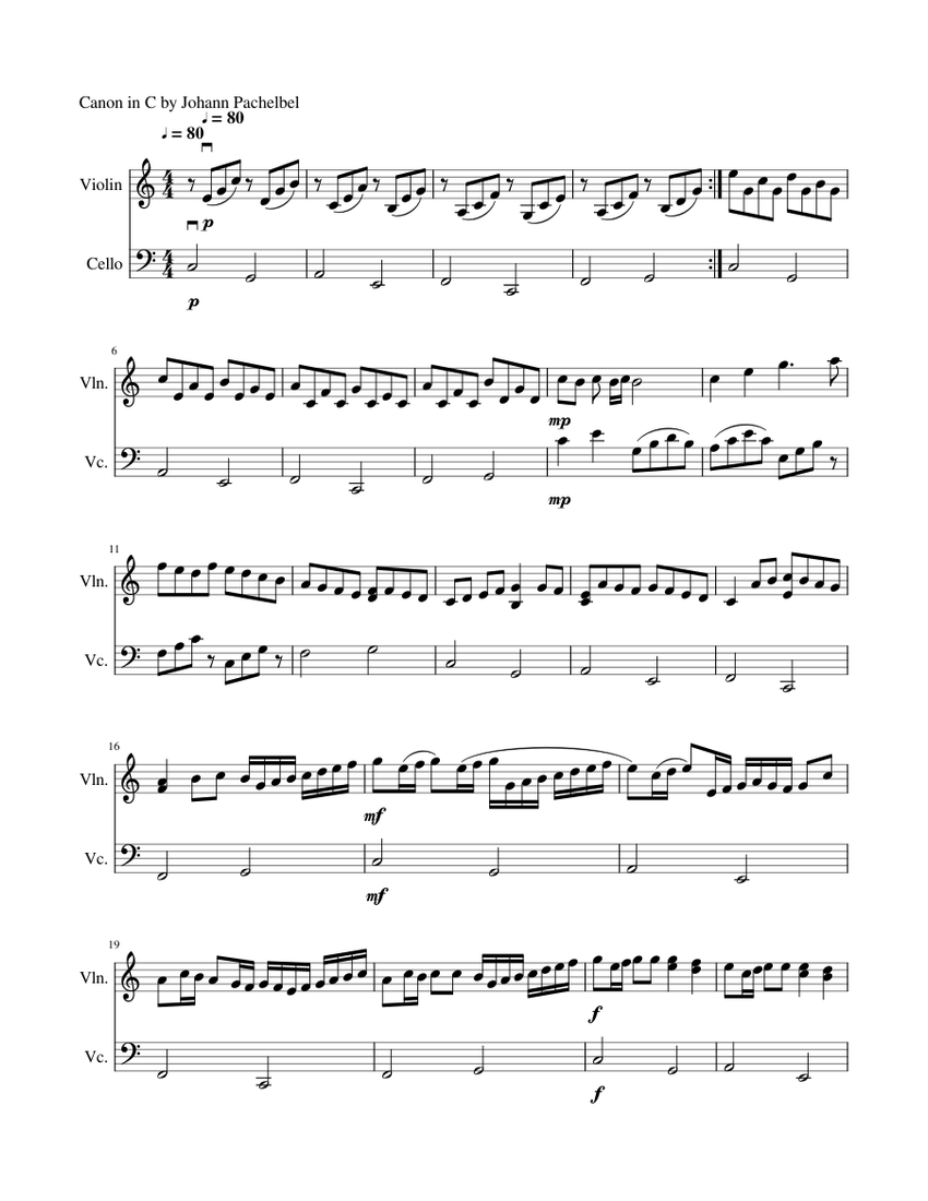 Canon in C by Johann Pachelbel Sheet music for Violin, Cello (String Duet) Canon in C by Johann Pachelbel Sheet music for Violin, Cello (String Duet)