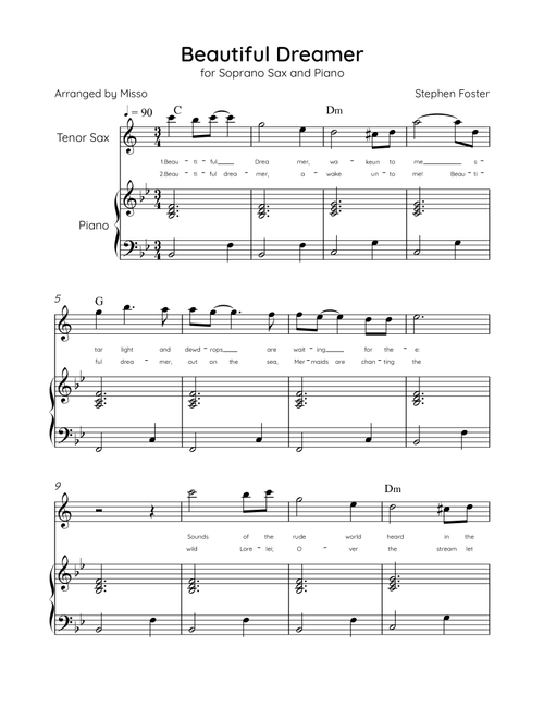 Beautiful Dreamer - Tenor Sax and Piano in Bb Major Easy - Lyrics & Chords (Version Tom Roush) (Arr. Misso) (Tenor Sax and Piano)