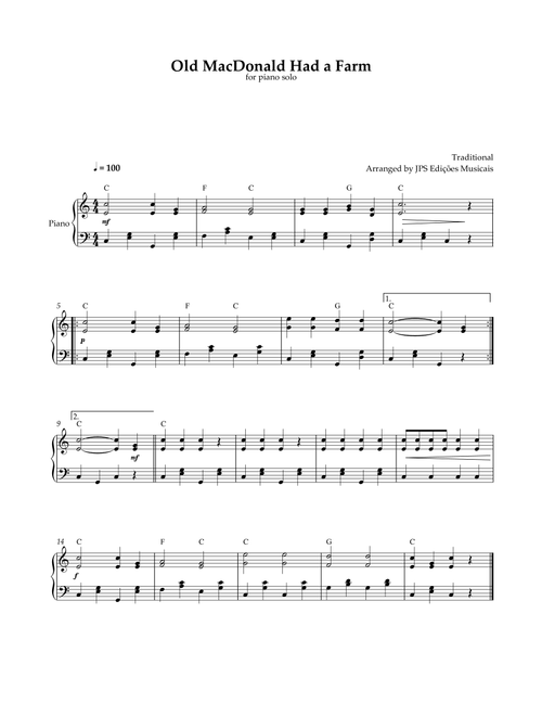 Old MacDonald Had A Farm - Piano Solo - Easy-Intermediate in C Major (Arr. JPS Edições Musicais) - Thomas D'Urfey (Piano Solo)