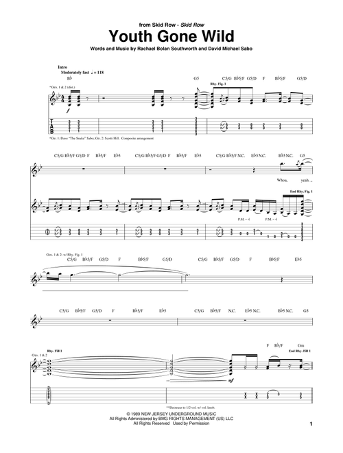 Youth Gone Wild - Skid Row (Guitar Tab)