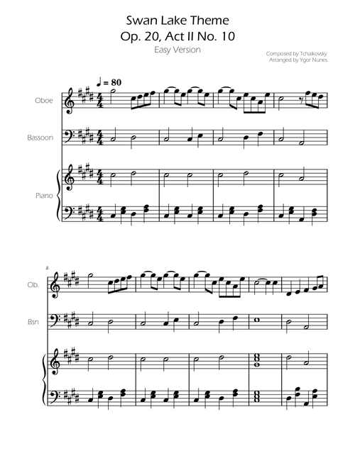 Swan Lake (theme) - Tchaikovsky - Basoon and Oboe w/ Piano Accompaniment (Arr. Ygor Nunes) (Instrumental Duet and Piano)
