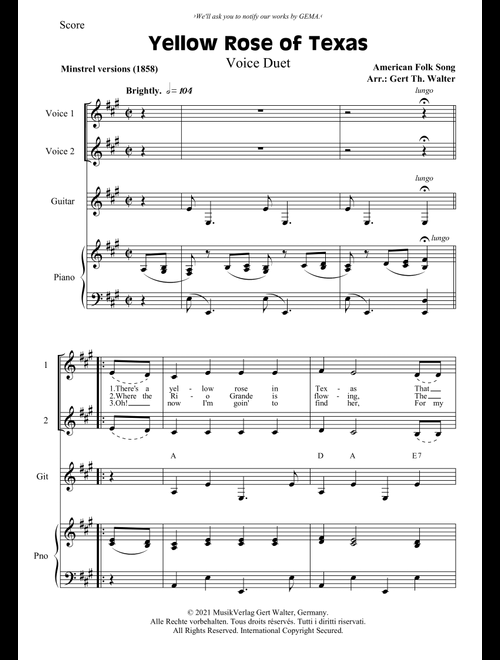 Yellow Rose of Texas (Arr. Gert Th. Walter) - American Folk Song (Small Ensemble)