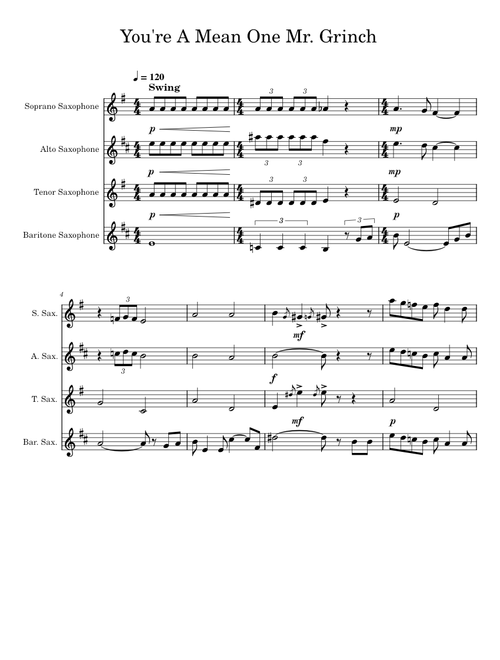Youre a mean one mr grinch for sax quartet