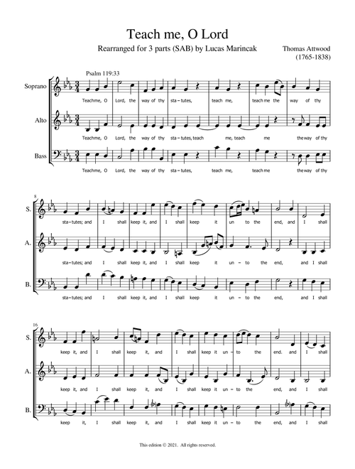 Attwood - Teach Me O Lord (SAB) (Arr. Lucas Marincak) - Thomas Attwood (Choral, SAB)