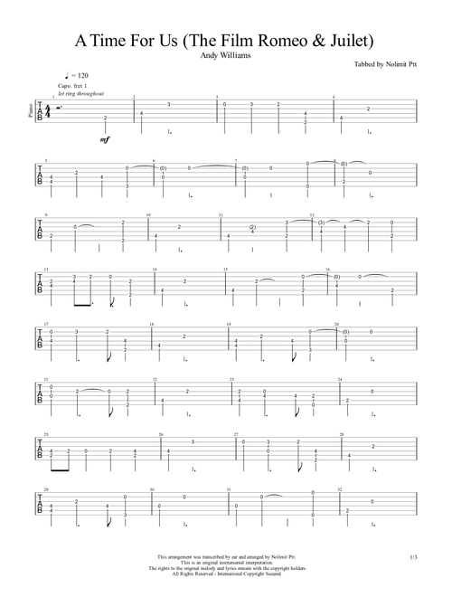 A Time For Us (The Film Romeo & Juilet) (Arr. Ptt) (Solo Guitar)