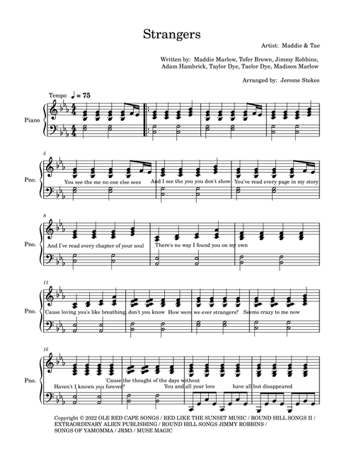 Strangers (Arr. Jerome Stokes) - Maddie & Tae (Easy Piano)