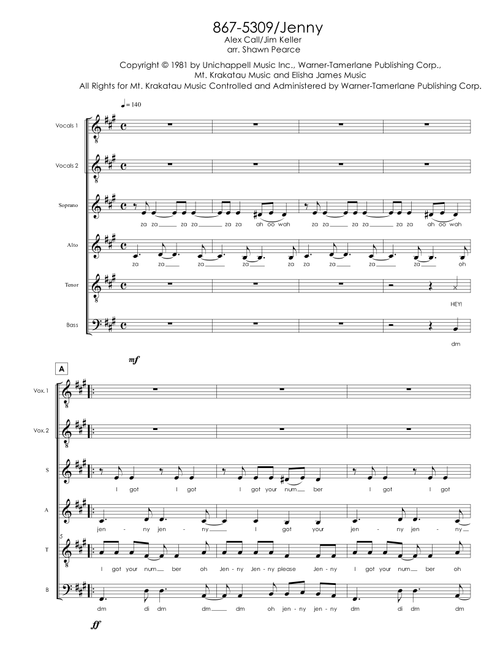 867-5309/jenny (Arr. Shawn Pearce) - Tommy Tutone (Choral, SATB)