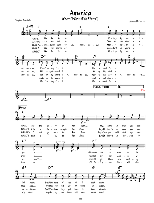 America from West Side Story (lead sheet with lyrics)